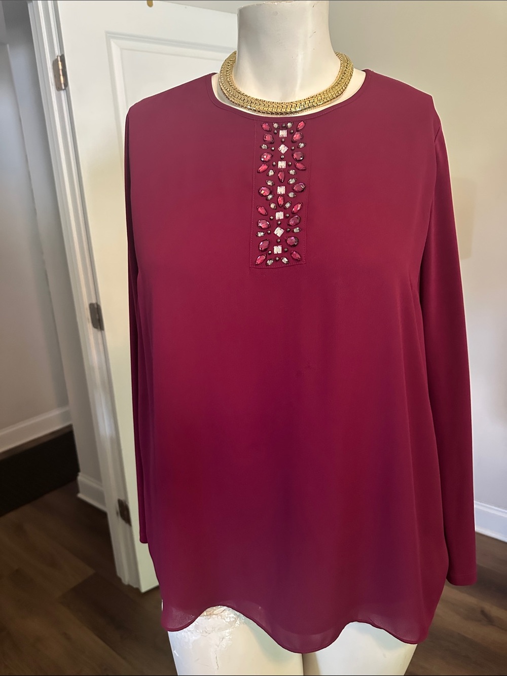 Susan Graver Burgundy Long-Sleeve Jewel-Neck Blouse - Picture 3 of 10